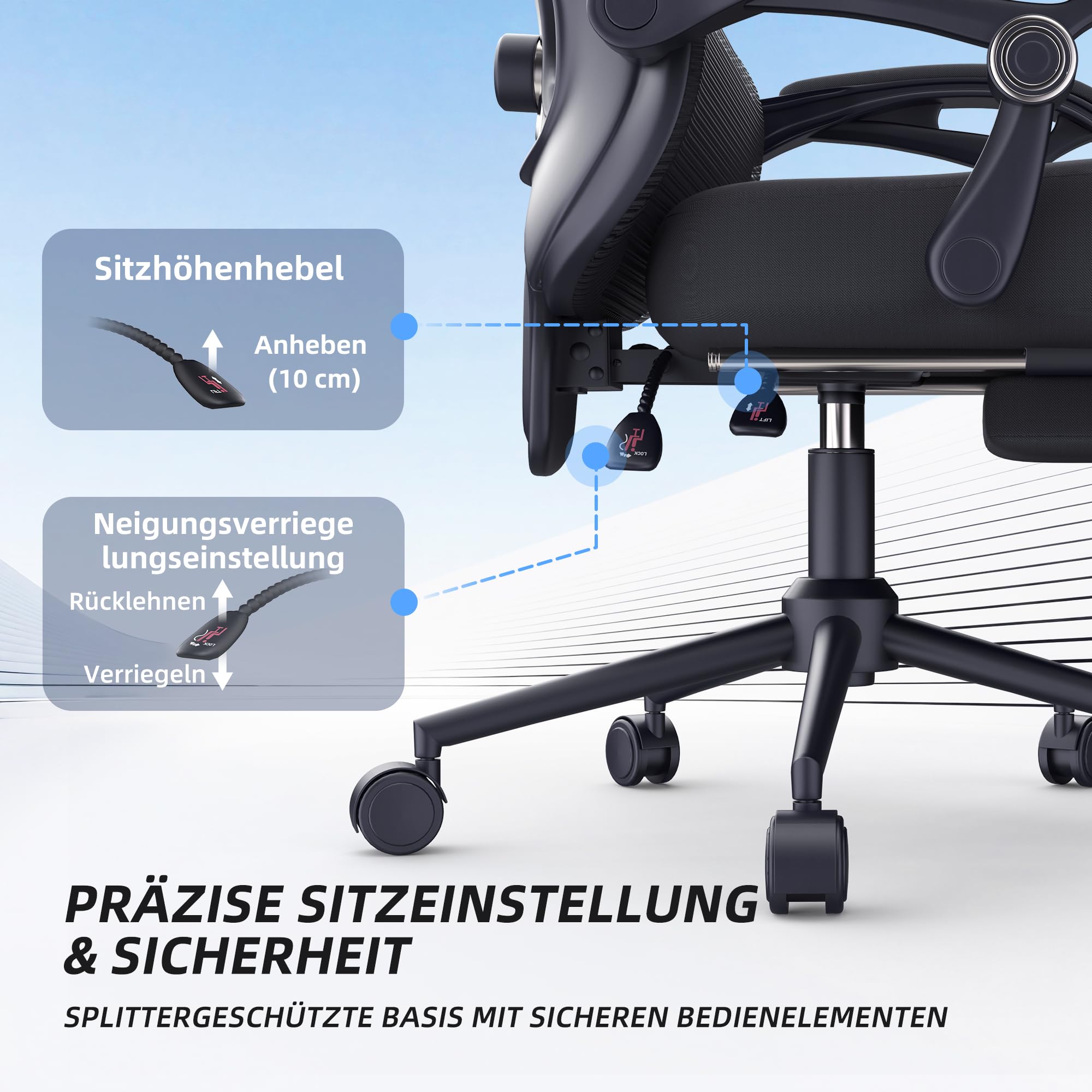 CYKOV Ergonomischer Bürostuhl mit Fußstütze, Büro Stuhl & Gaming Stuhl 150 kg+, 90-160° Verstellbare Rückenlehne, Verstellbare Lendenwirbelstütze und Kopfstütze, PC Stuhl & Drehstuhl für Home Office
