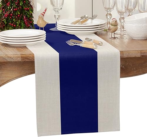 Miniatura 2 de Christmas Navy Blue Table Runner-Cotton Linen- 90 Inch Holiday Dresser Scarves, Rustic Vintage Geometric Stripes Tablerunner for Kitchen