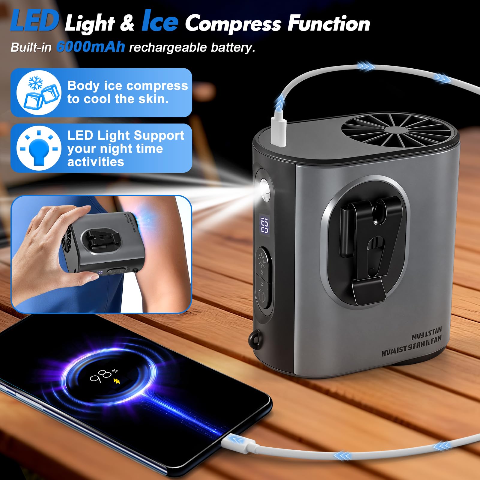 Ventilatore portatile da Cintura con funzione di impacco freddo, 6000mAh Raffreddamento Ventilatore da Vita 5 velocità Ventilatori da collo Raffreddatore indossabile con luce LED &cordino collo