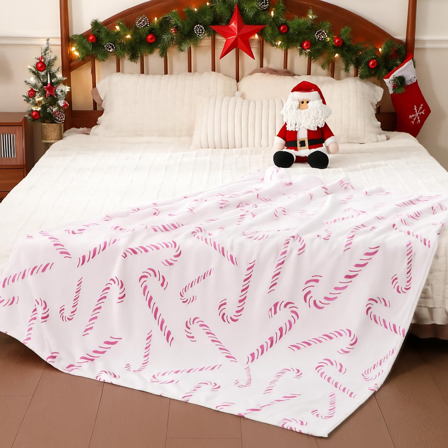 50 x 60 Inches Pink Candy Cane Christmas Throw Blanket Cute Soft Warm Lightweight Blanket for Sofa Bed Gift Decor - Image 6