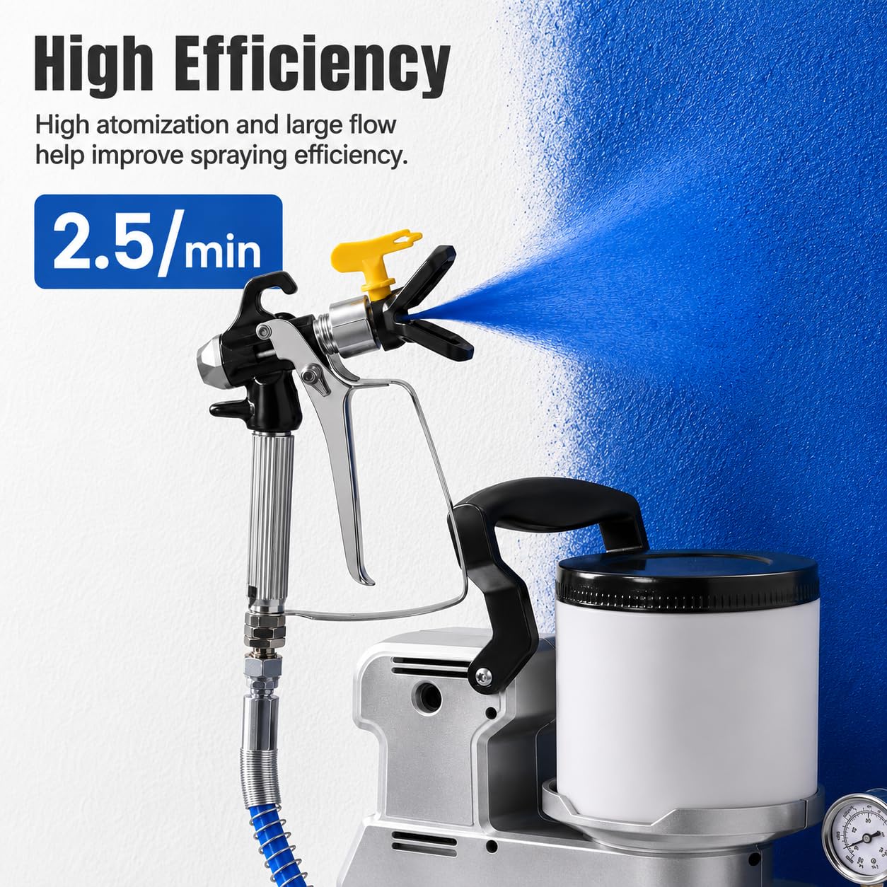 Przenośny Airless agregat malarski 1600 W, 2,5 l/min z 3 prędkościami, pojemność 2 l, wąż 5 m, 220 V