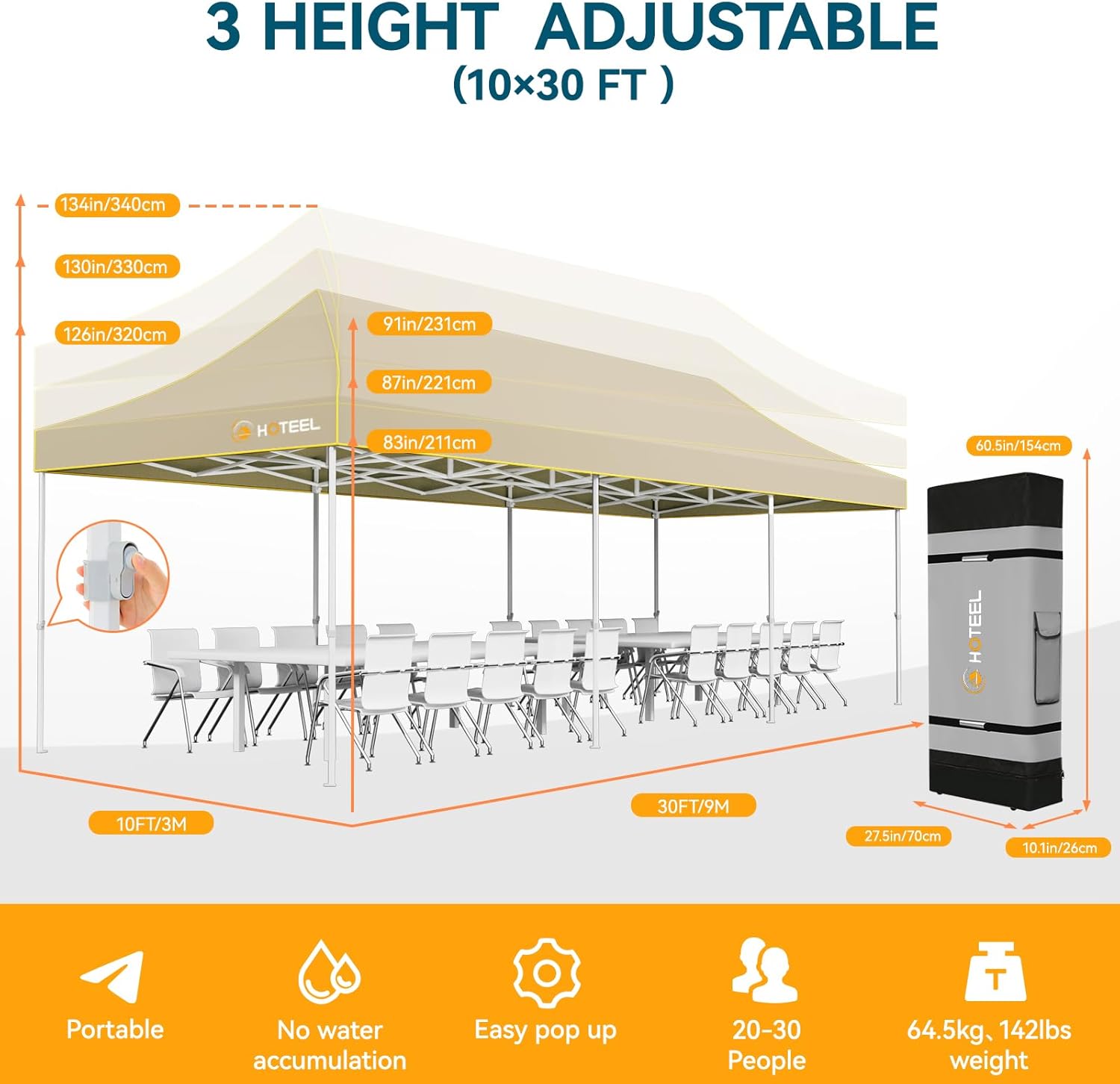 Hoteel 10x30 Pop Up Canopy Tent Heavy Duty Without Sidewalls, Waterproof Party Tent, Easy Set-up Commercial Instant Tents with Roller Bag & Sandbags, Hexagonal Leg (1-Year Warranty)