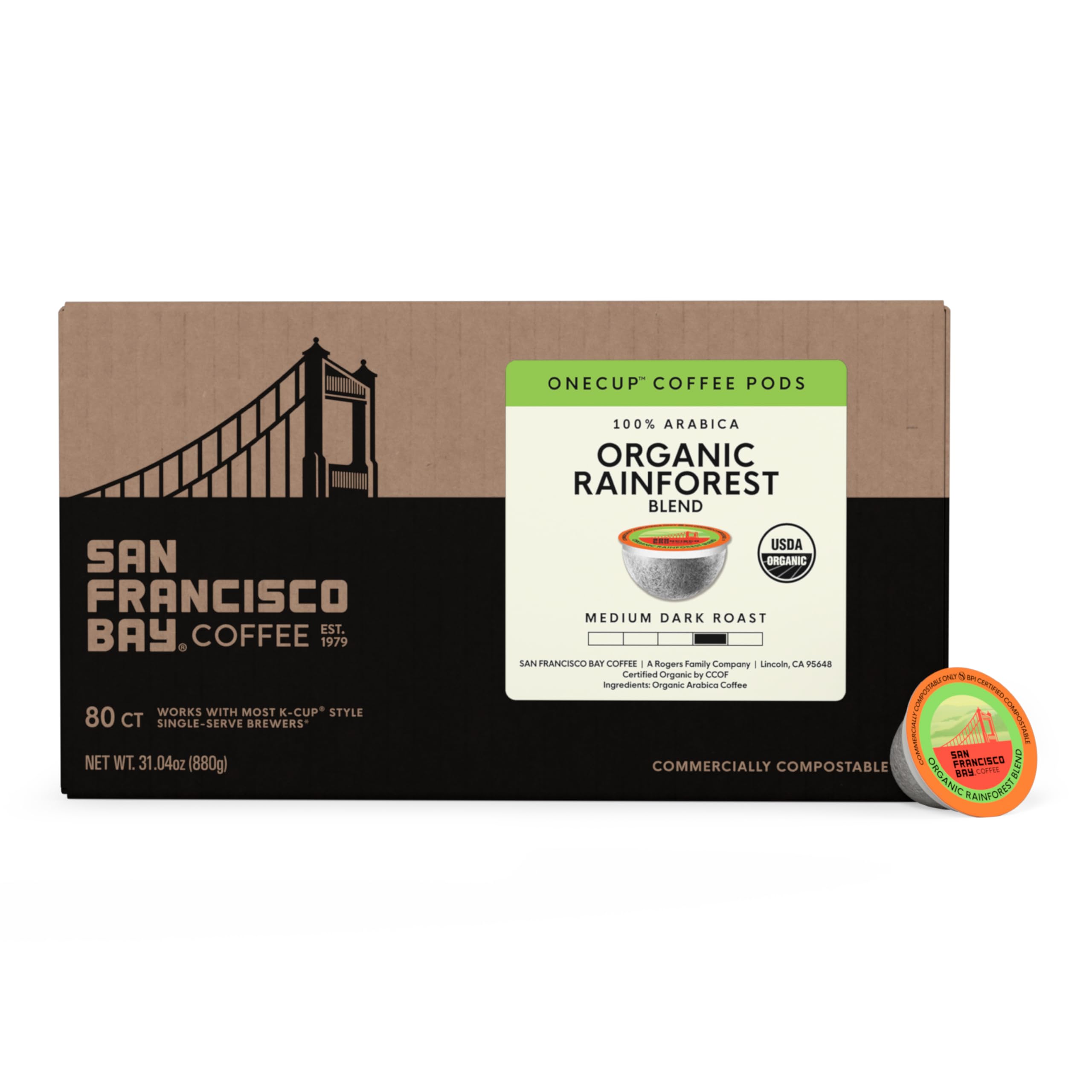 SF Bay Coffee OneCUP Organic Rainforest Blend 80 Ct Medium Roast Compostable Coffee Pods, K Cup Compatible including Keurig 2.0 (Packaging May Vary)