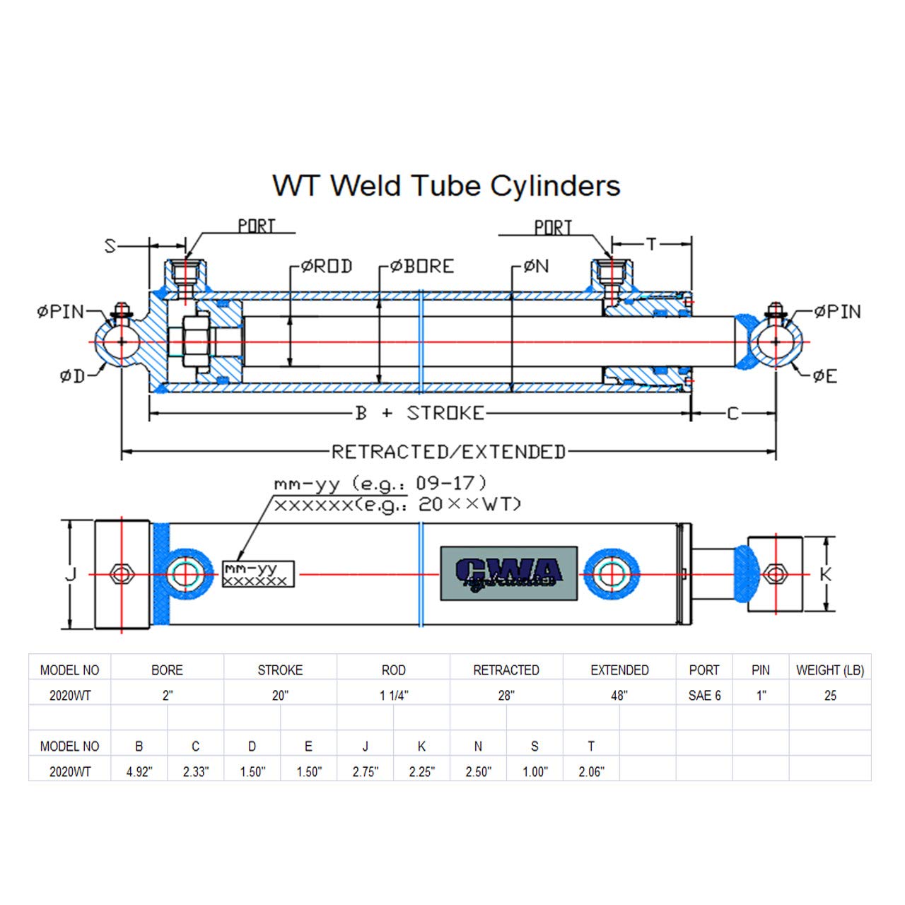 WT Weld Cross Tube Hydraulic Cylinder 2" Bore x 20" Stroke x 1 1/4" Rod x SAE 6 Port x 3000 PSI