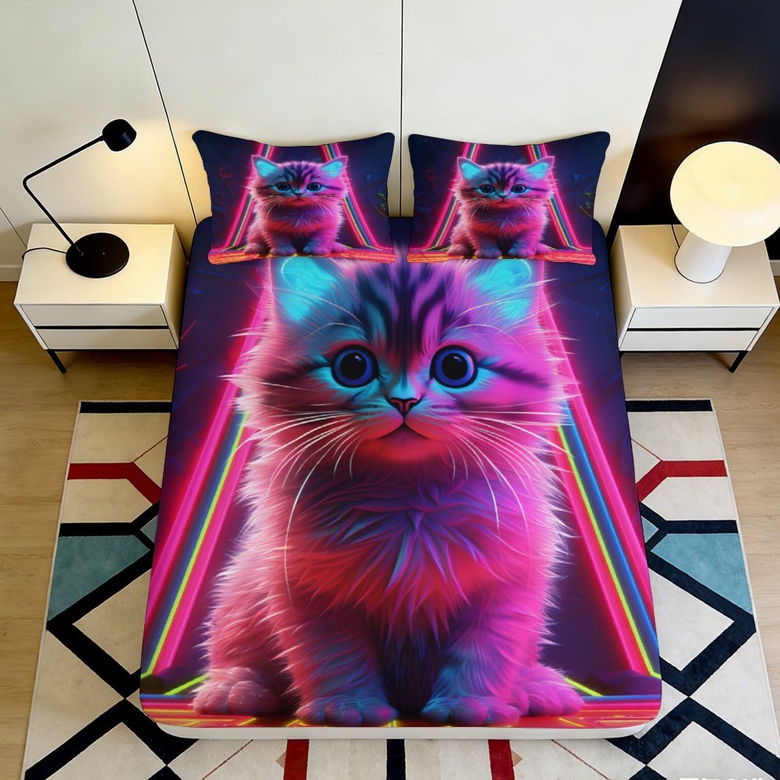3D Printed Neon Cat Fitted Sheet Microfiber Soft Non-Slip Rainbow Kitten Mattress Cover for Bedroom Dorm Decor 120x200x25cm