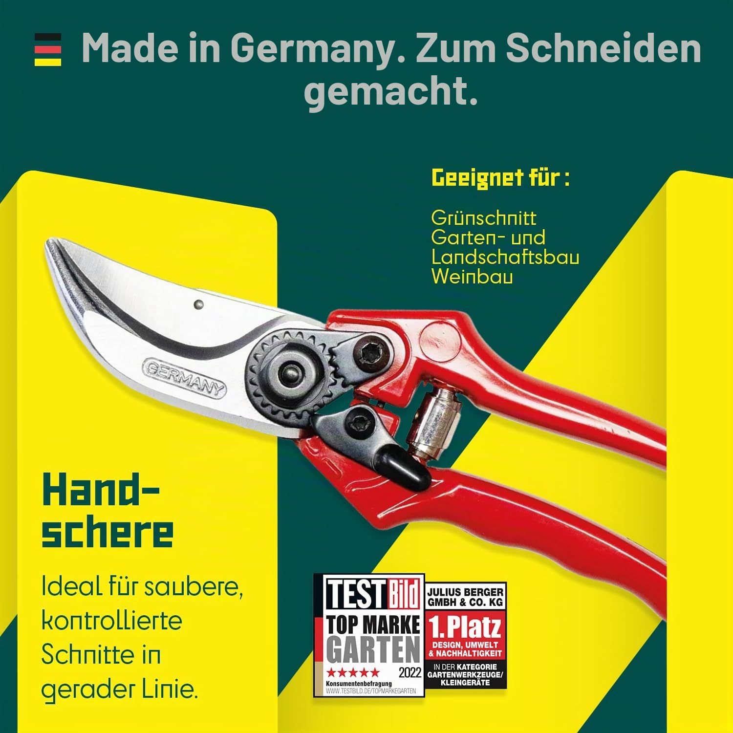 BERGER Handschere Bypass Klassik 1200 | Klassische Gartenschere mit geradem Schneidkopf | Robuste Profi Blumenschere aus Metall geschmiedet mit Einhandverschluss | KWF-zertifiziert | Made in Germany