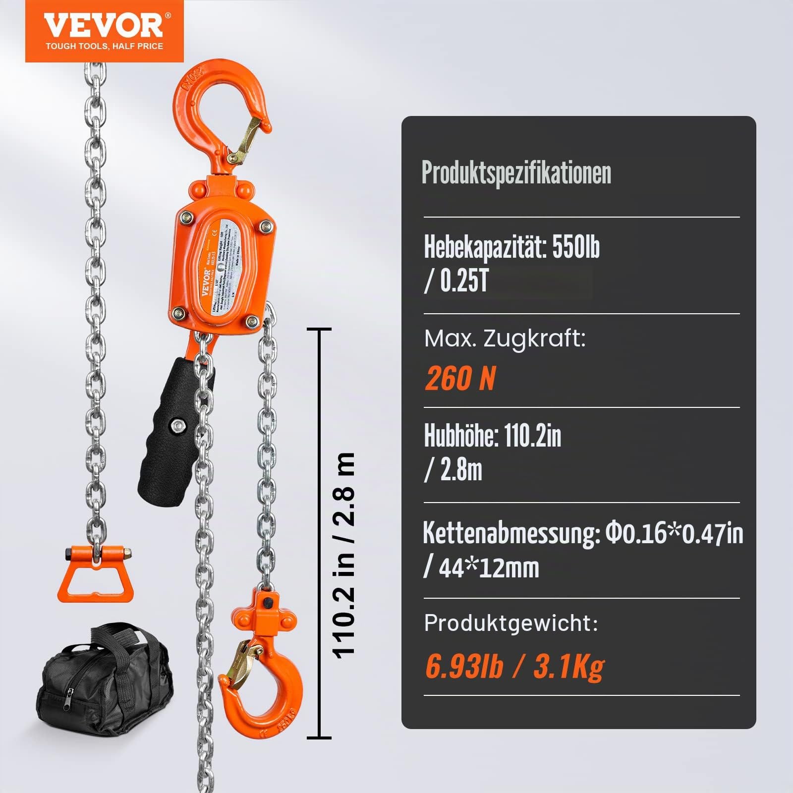 VEVOR Mini Hebelzug 0,25T Tragfähigkeit Kettenzug 260N Zugkraft Flaschenzug 2,80m Hubhöhe Ratschenzug Hebezug aus Stahl G80-Kette Weston Doppelklinkenbremse 360° drehbarer Haken Handkettenzug