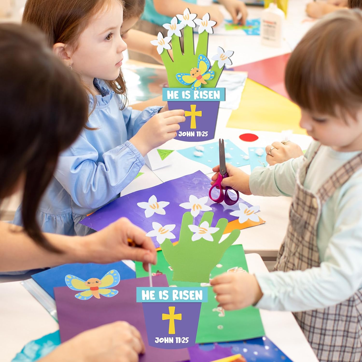 Honoson 20 Sets He is Risen Handprint Craft Kit Easter Christian Crafts Kit Religious Bible Foam Crafts for Kids Sunday School Classroom Home Party Activities(Bee)