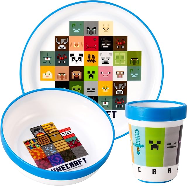 Minecraft 3pcs Bicolor Premium Kids Dinner Tableware Set Plate, Bowl & Tumbler, BPA Free