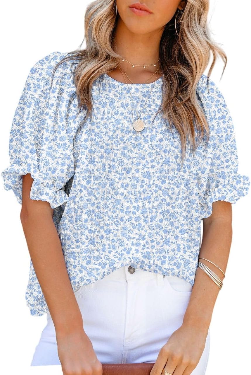 DokotooFloral Print Blouses for Women Crewneck Smocked Puff Sleeve Shirts Casual Babydoll Tops