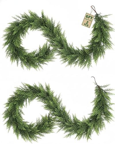 2 guirnaldas de Navidad de cedro de 72 pulgadas para manto, decoraciones de 6 pies, guirnaldas de pino sintético iluminadas realistas para Navidad,