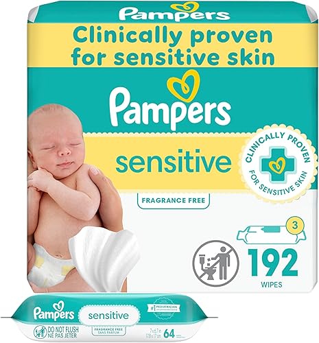 Pampers Toallitas para bebés sensibles sin perfumes 3 paquetes de repuesto Tub no incluido 192 unidades