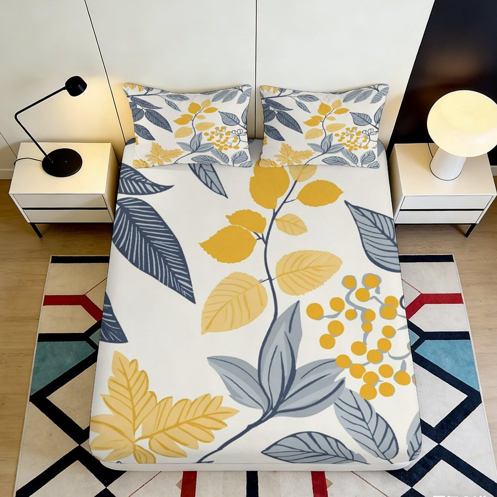 3D Printed Yellow Botanical Fitted Sheet Microfiber Soft Breathable Grey Leaf Mattress Cover for Bedroom Dorm Decor 120x200x25cm