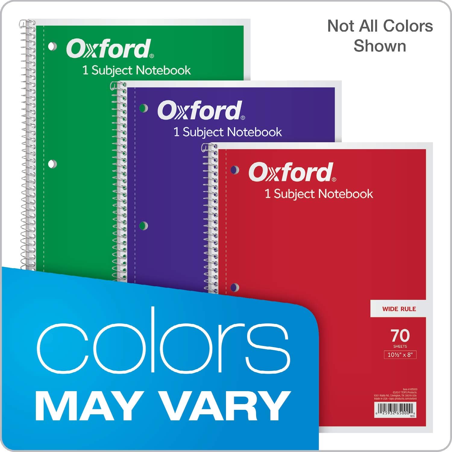 Oxford Spiral Notebooks, 1 Subject, Wide Ruled Paper, 70 Sheets, 24 per Pack, Colors May Vary (65000)