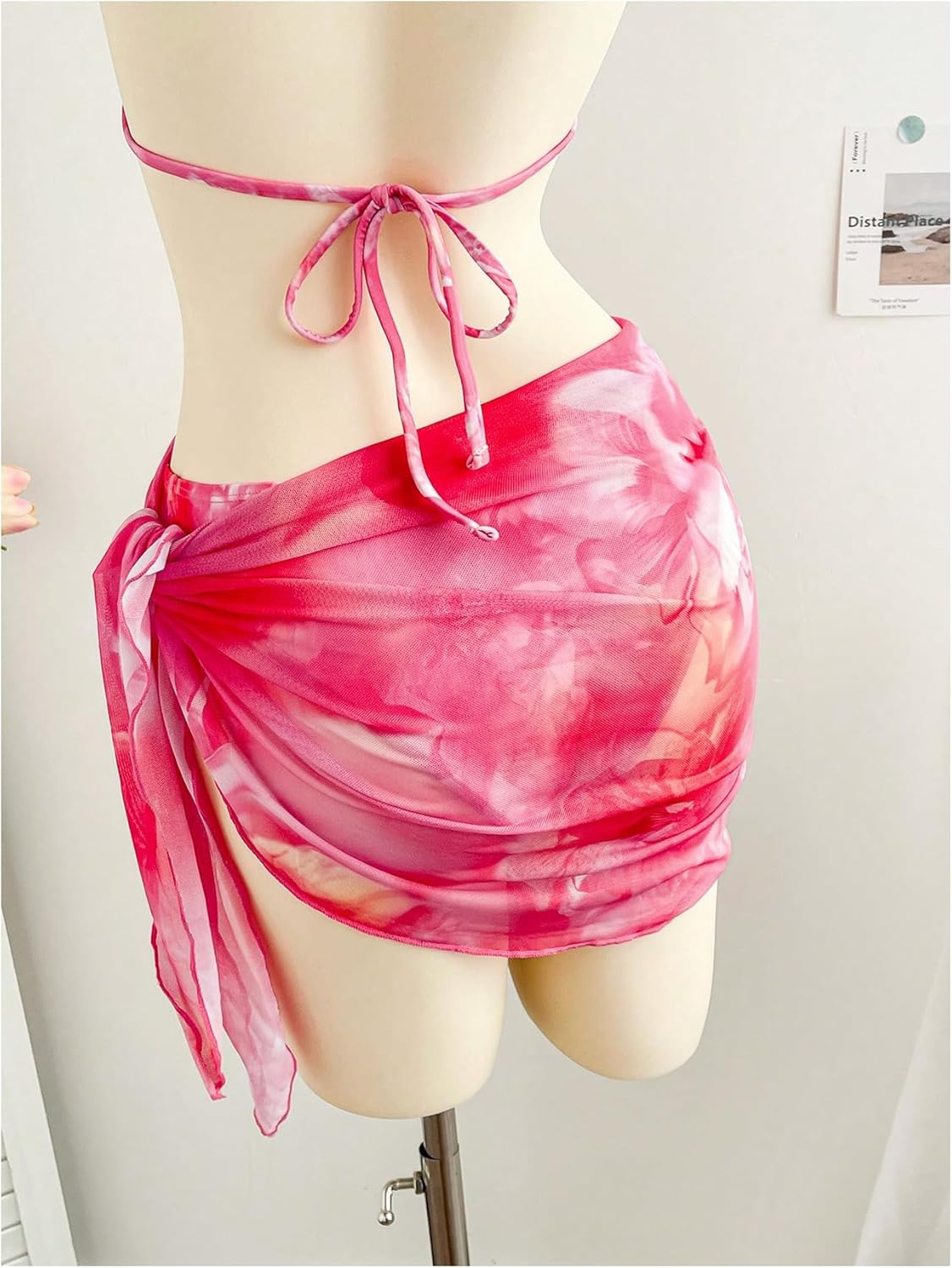 OYOANGLE Women's 3 Piece Swimsuits Tie Dye Floral Triangle Bikini Set with Sarong Cover Ups Vacation Bathing Suits