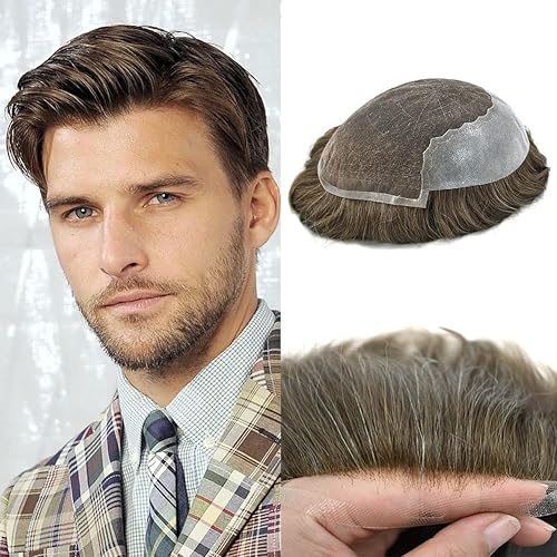Toupee - Sistema de reemplazo de cabello para hombre, encaje frontal suizo, nudo blanqueado, pieza de cabello humano natural (510# castaño claro