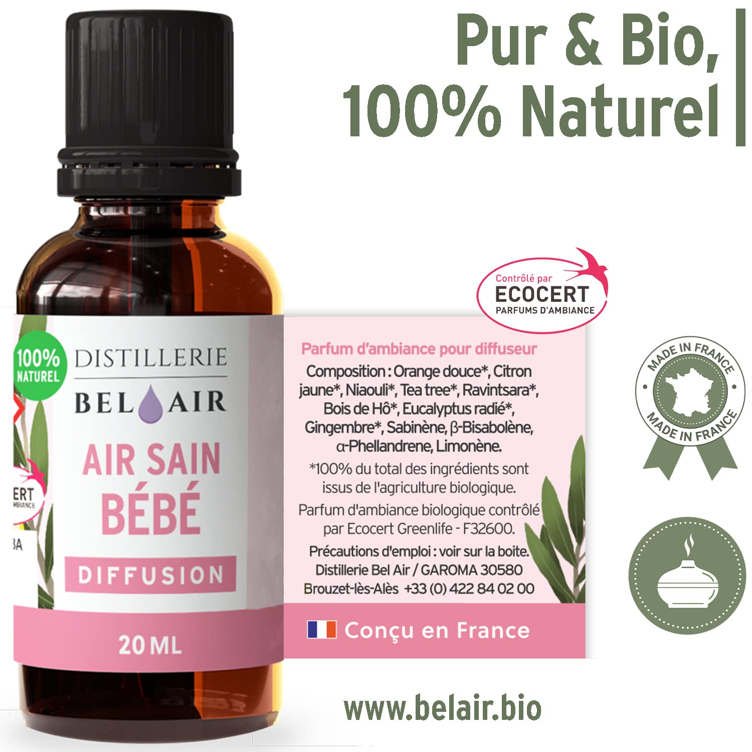 BEL AIR Air Sain Bébé huiles essentielles bio pour chambre diffuseur humidificateur bb conditioner baume défense