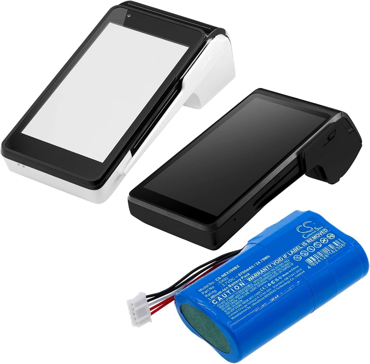 SPANN CS-NEX300BX battery next to two NEXGO payment terminals