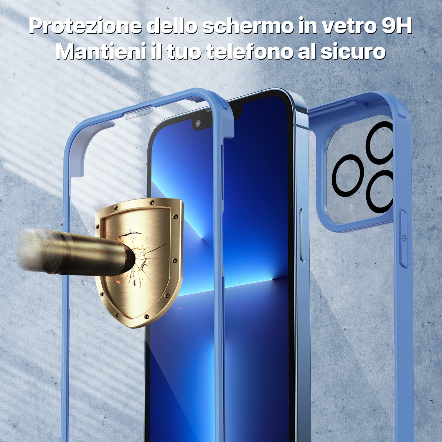 CENHUFO Cover iPhone 13 Pro, con Protezione Schermo Vetro Temperato Integrata e Pellicola Fotocamera [9H HD] 360 Gradi Antiurto Trasparente Case Fronte Retro Doppia Custodia per iPhone 13 Pro -Blu
