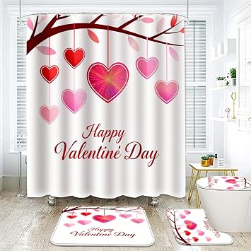 Valentines Day Heart Roses Shower Curtain Romantic Decorative Bath Curtain 72 x 72 Inch Polyester Fabric Waterproof Bathroom Curtain with 12 Hooks Curtain Set - Hanging Hearts