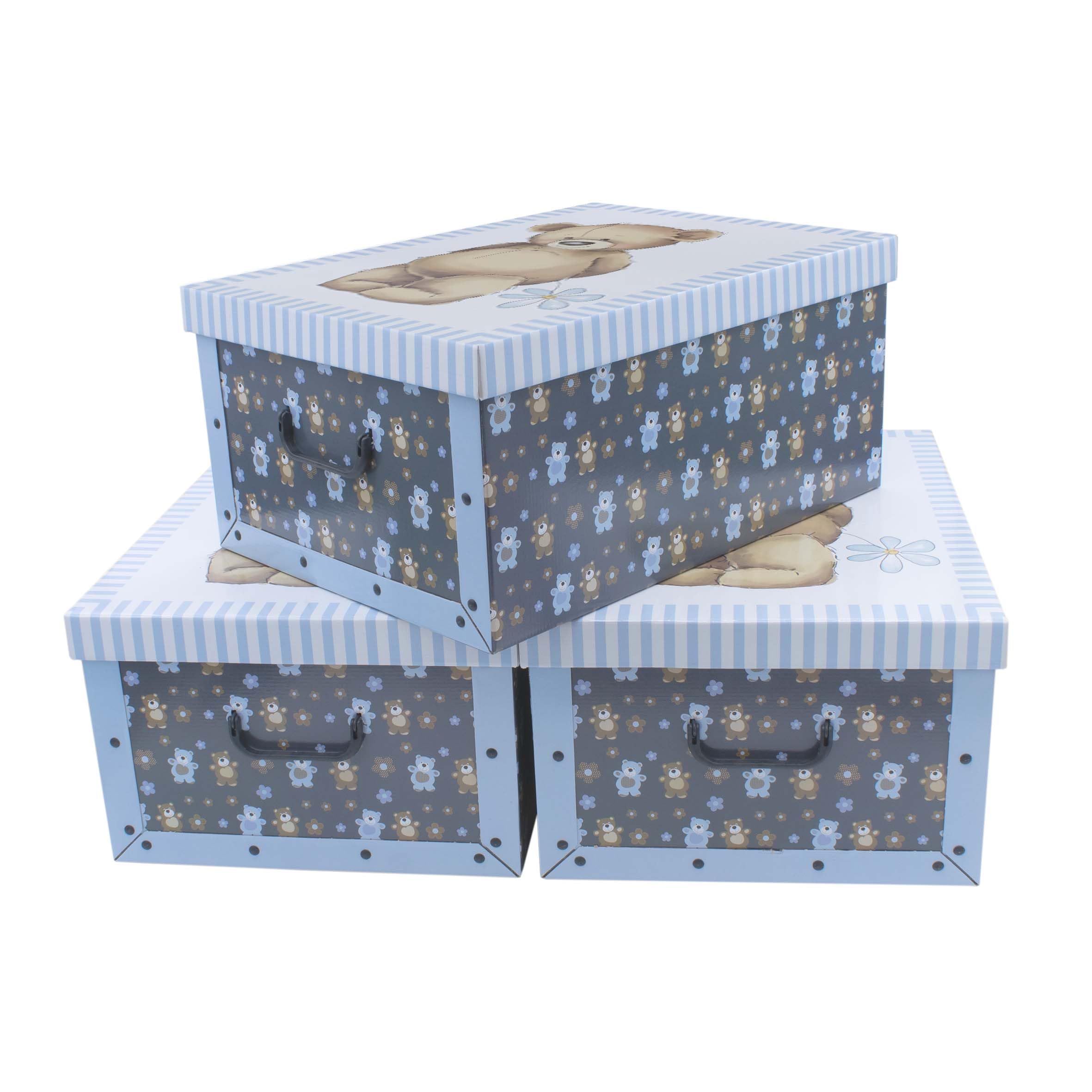 Spetebo 3er Set Aufbewahrungsbox mit Deckel je 51 x 37 cm - Teddy Br -  Stapelbox aus Pappe