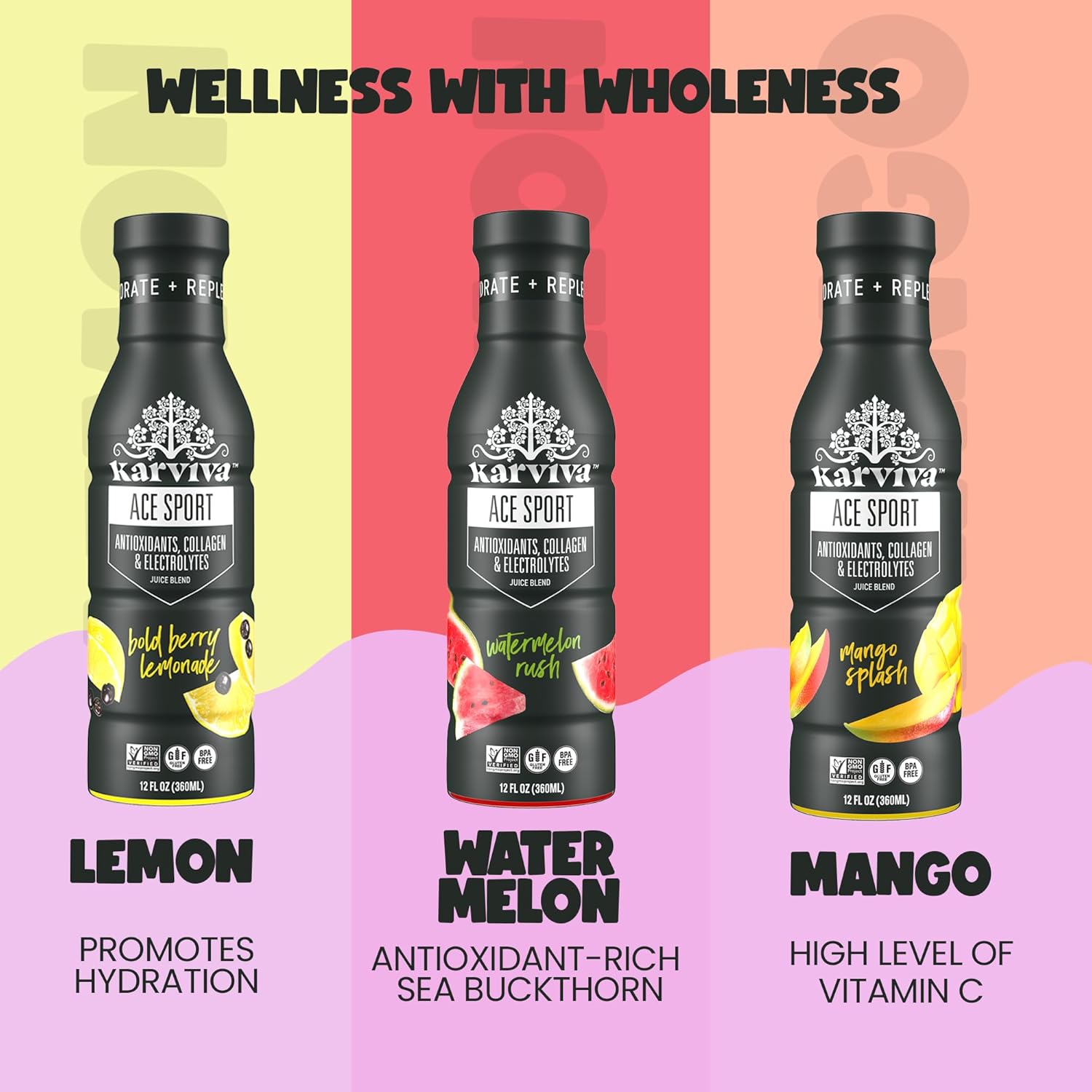 Karviva ACE Collagen Sport Juice Variety Pack - Inspired by Traditional Eastern Remedies for Healthy Joints, Skin & Hair. Collagen Hydration Drinks with Natural Marine Collagen, Electrolyte, Antioxidants, Low-Sugar, Low-Carlories, Non-GMO, Gluten Free (6 BFA-Free bottles, 12 fl oz)