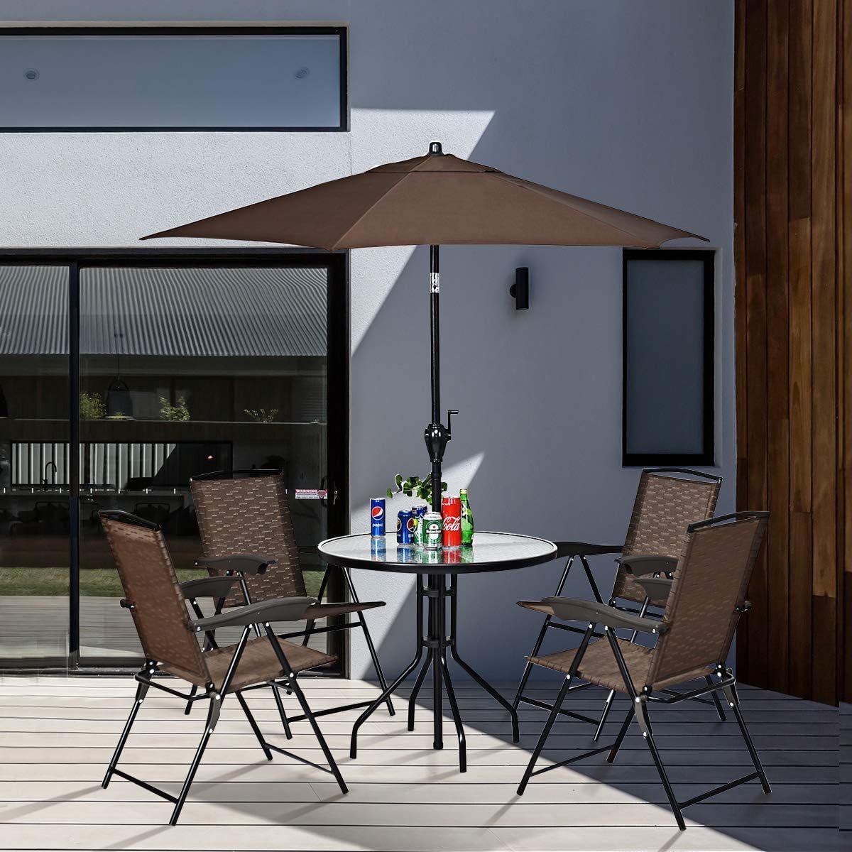 TANGZON Outdoor Dining Set, Patio Tempered Glass Table and Folding Chairs Set with Umbrella Hole, 3/5 Pieces Garden Furniture Set for Lawn, Backyard, Balcony (Table)