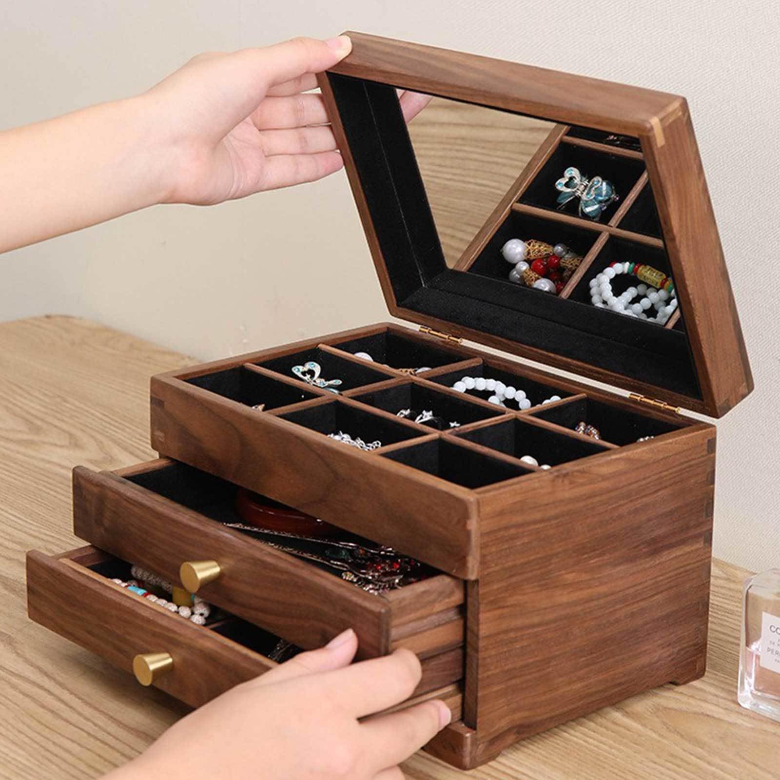 Pudełko na biżuterię, Solid Wood Jewelry Box Mirror 2 Drawers Velvet Interior 9.45x6.30x6.69 Inches Storage Organizer