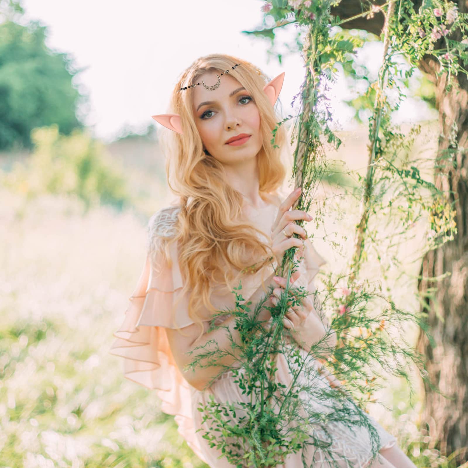 Biżuteria z uszami elfów, cosplay, wróżka, elf, ucho, księżyc, głowa, łańcuszek elf, retro, kryształowa tiara, ozdoba głowy, opaska na włosy, miękkie uszy elfów, kostium damski