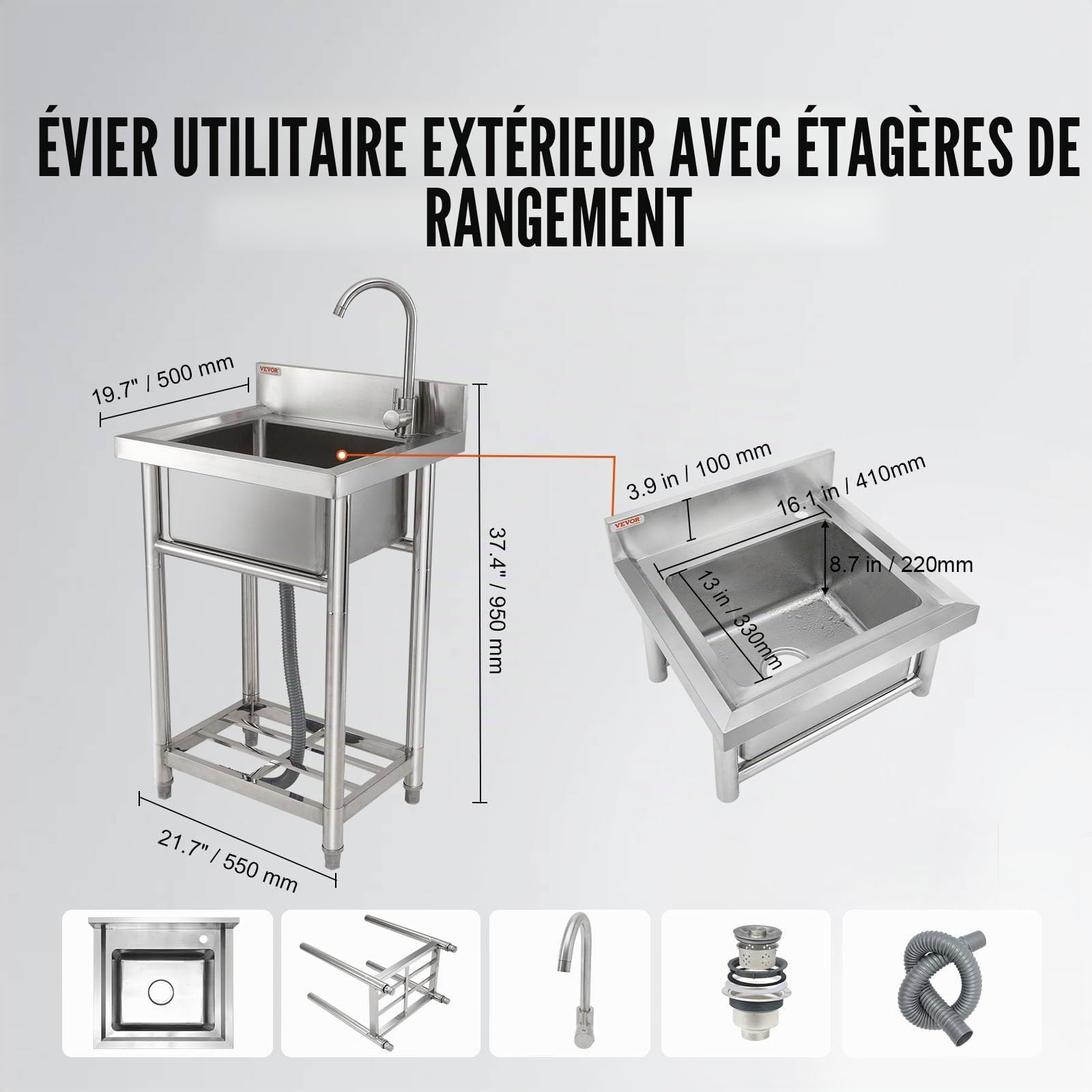 VEVOR Évier utilitaire en acier inoxydable, 1 compartiment autoportant, petit évier avec robinet et pieds, 40,6 x 33 x 22,1 cm – Évier commercial à bol unique pour garage, restaurant, cuisine