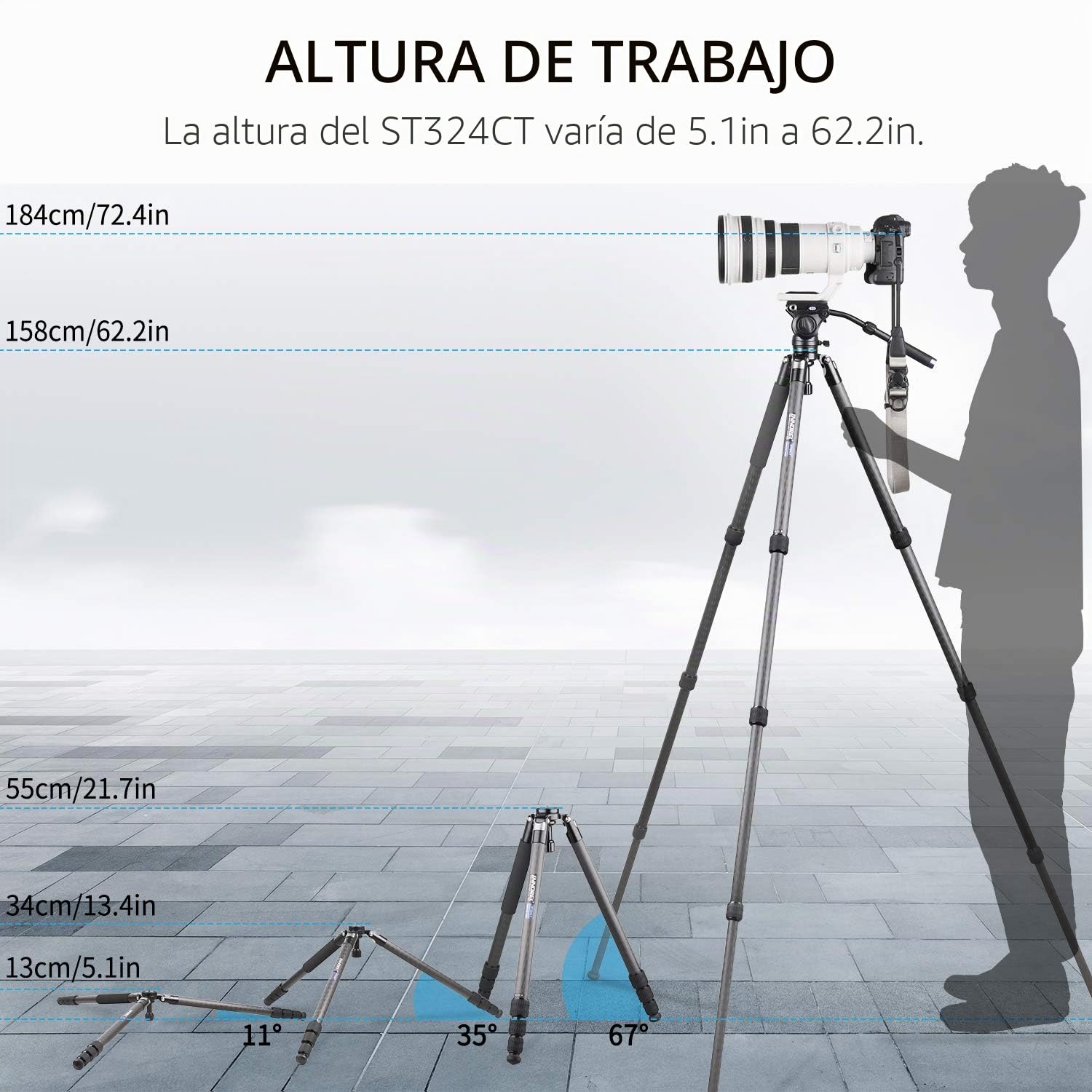 INNOREL Trípode de Fibra de Carbono Altura máxima 160cm Carga máxima 30kg diámetro máximo del Tubo 32 mm Soporte Profesional con Adaptador de Cuenco de 58 mm (ST324CT) Twist Lock