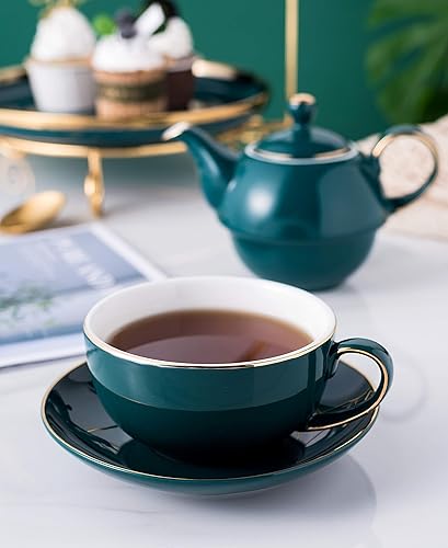 Miniatura 4 de Jusalpha Juego de té de cerámica para uno: tetera fina de porcelana fina verde turquesa oscuro, 16 onzas, juego de platillo, juego de té para uno,