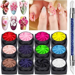 3D Nail Gel Set, 12 Colors Non-Sticky Sculpture Nail Gel Soak Off UV for Nail Art Painting Carved Drawing with 1 Carved Painting Pen, Manicure DIY Nail Art Design Salon