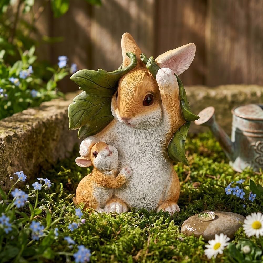 Statua per solare Coniglio Mamma e per piccolo Resina per giardino