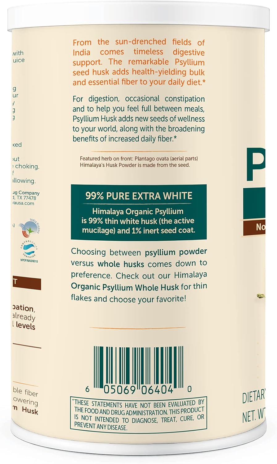 Himalaya Organic Psyllium Husk Powder for Daily Fiber, Weight Management, Cholesterol and Blood Sugar Support, 24 oz, 113 Teaspoons Supply : Health & Household