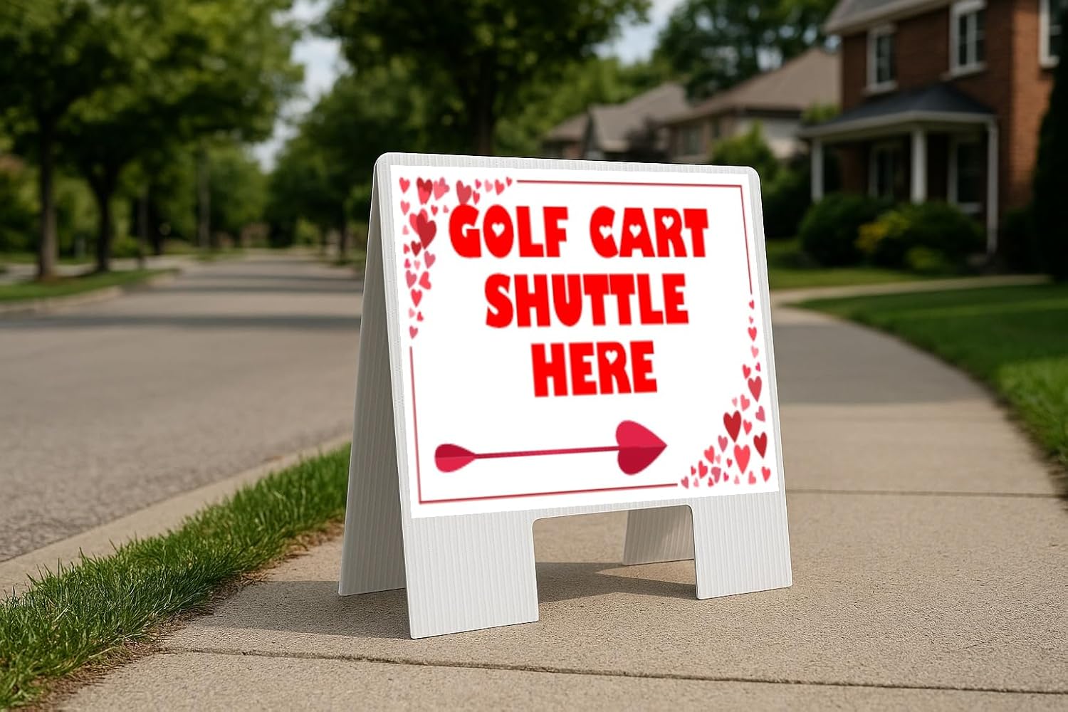 Golf Cart Shuttle Here Red Frame With Hearts A-Frame Double Sided 23x23 in. sign