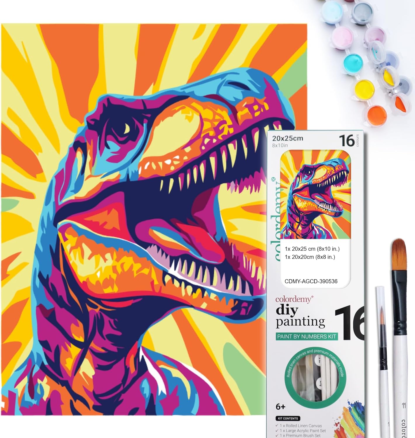 Colordemy 2-in-1 Paint by Numbers Kit - Rolled Canvases (8x10in & 8x8in), 16 Colors, Brushes & Paints Included - Fun for Adults & Kids, Perfect for Parties or Group Painting (Dinosaur Design)