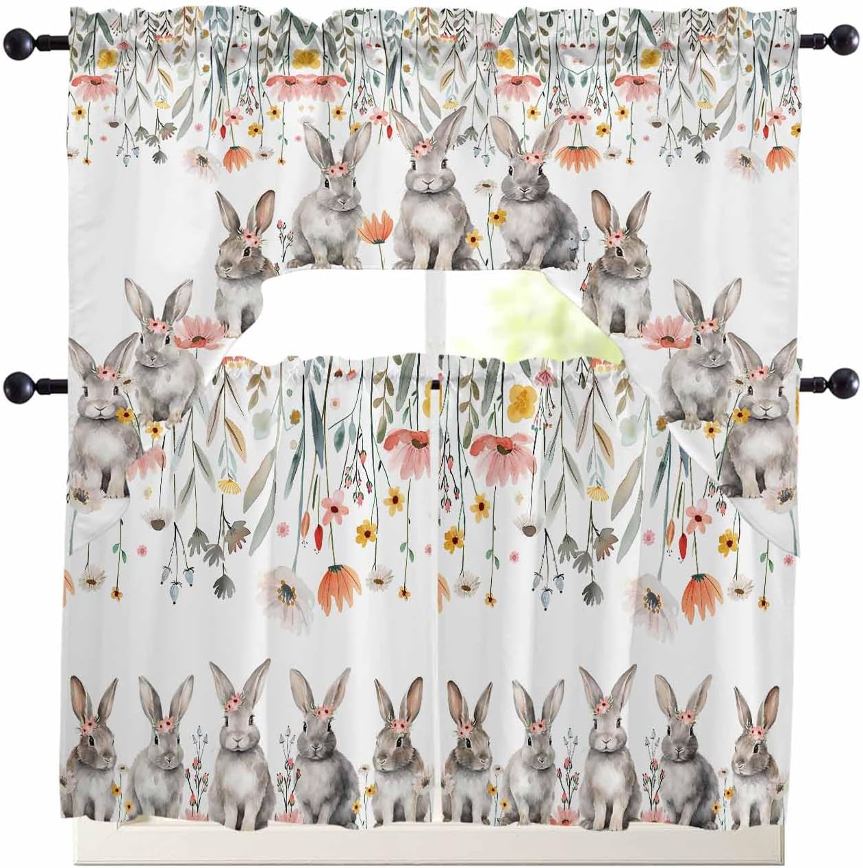 BEMIGO Spring Easter Bunny Kitchen Curtains Window Curtains and Valance Set, Egg Flowers Rod Pocket Valance for Kitchen Bathroom Bedroom Window 56" x 36" Valance, 27" x 24" Tier