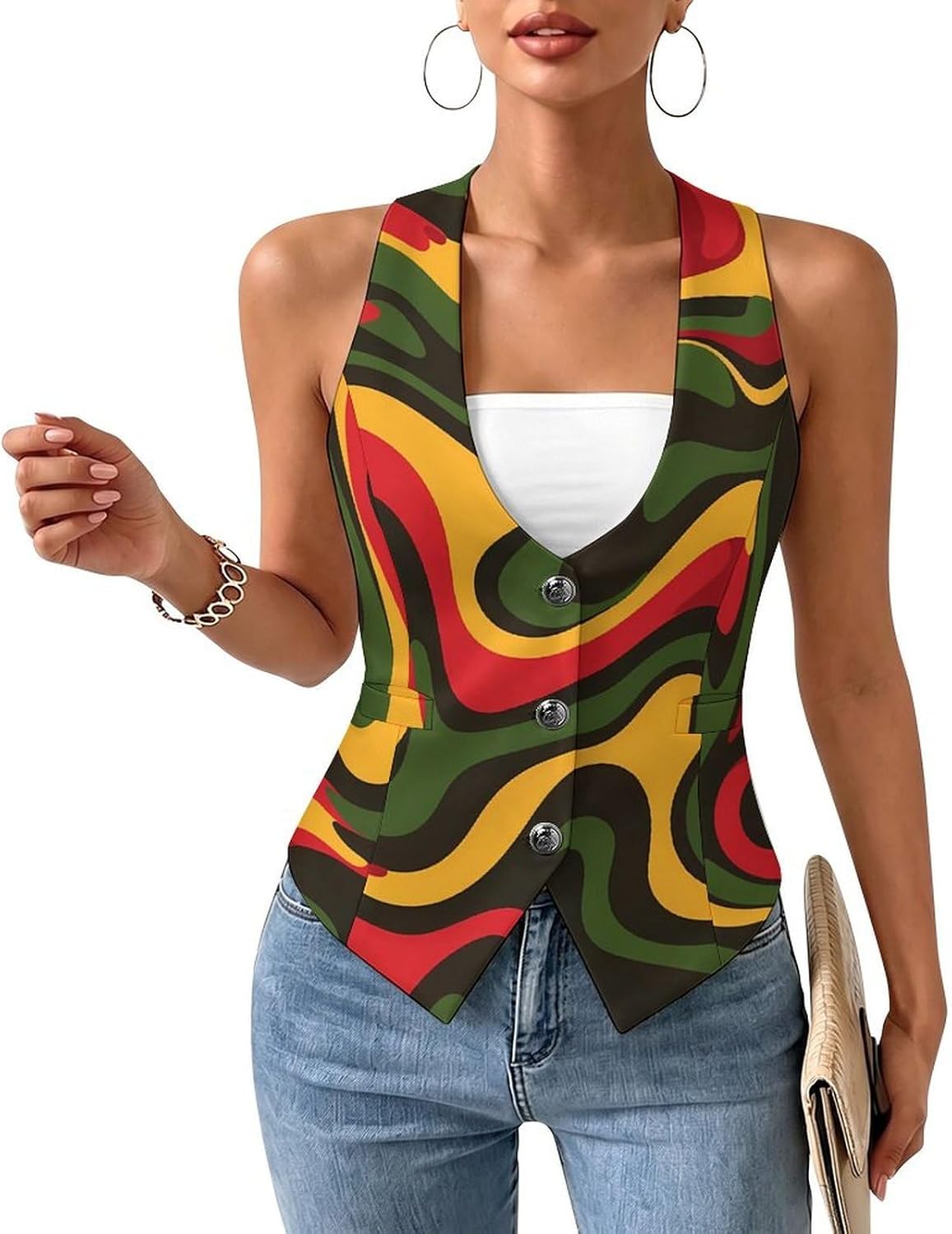 Rasta Colors Pattern Women's Tuxedo Waistcoat Suit Vest | 3 Button V-Neck Slim Fit Casual Sleeveless Top