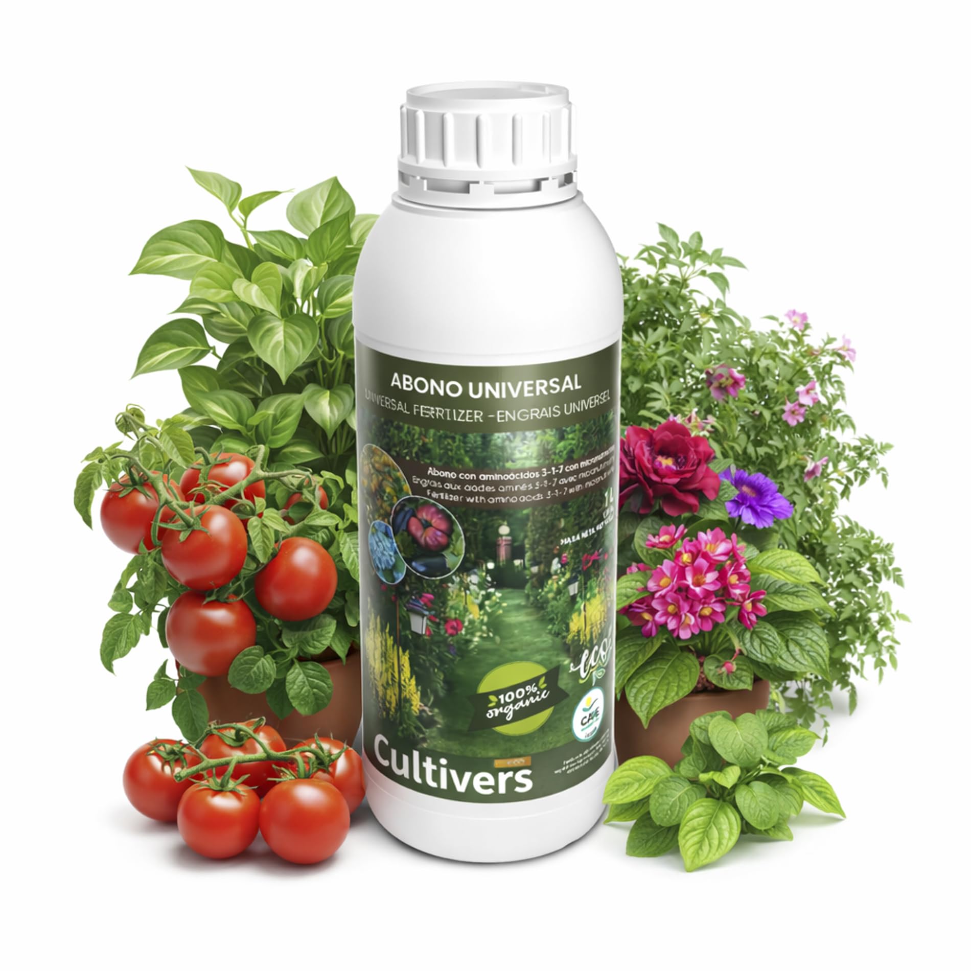 CULTIVERS Fertilizante Universal Ecológico Líquido 1 L | Abono NPK 4-​1-​7 con Aminoácidos y Micronutrientes (B, Cu, Fe, Mn, Mo y Zn) |Uso en Huerto, Jardín y Plantas, Apto Agricultura Ecológica