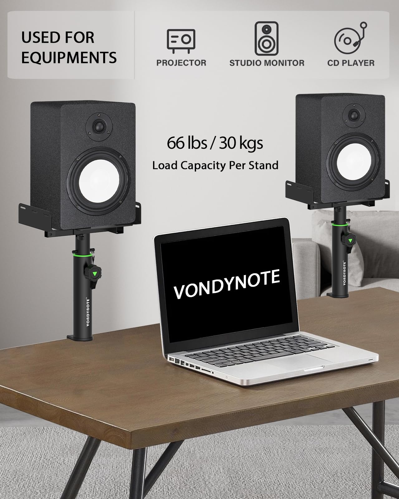 Vondynote Set mit 2 doppelseitigen Klemm-Studio-Monitorständern, kurze Desktop-Klemme, Lautsprecherständer, höhenverstellbar, ausziehbare obere Platte, Montage durch Schrauben