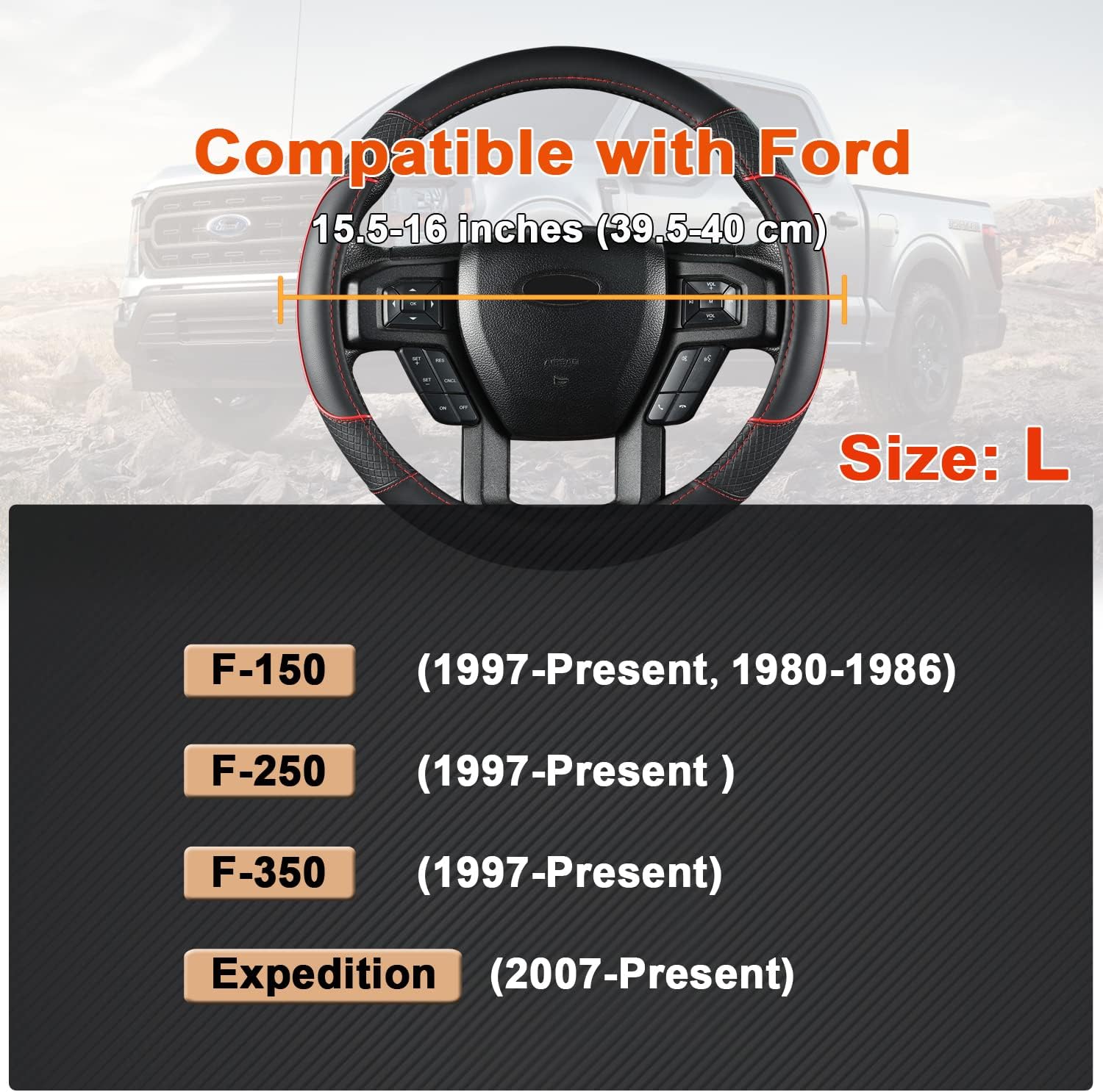 GIANT PANDA Steering Wheel Cover for Ford F150 F250 F350 Expedition - Black+Red Trim - Image 2