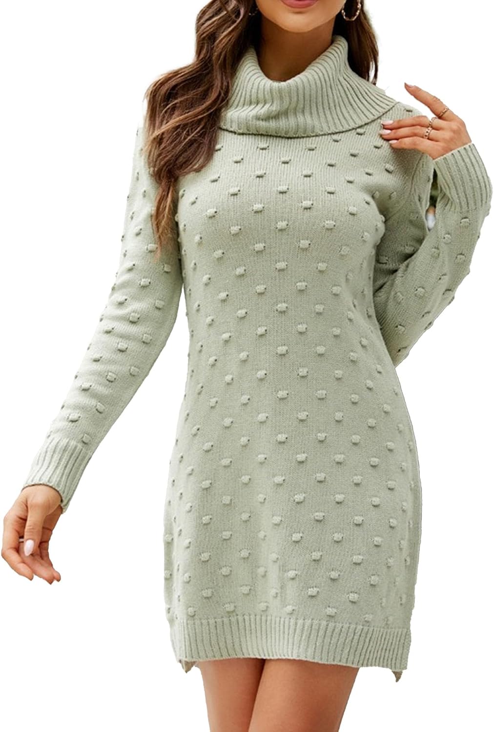 Women's Turtleneck Ribbed Knit Dress Long Sleeve Slim Fit Sweater Dress Loose Stretch Pullover Bodycon Short Dress