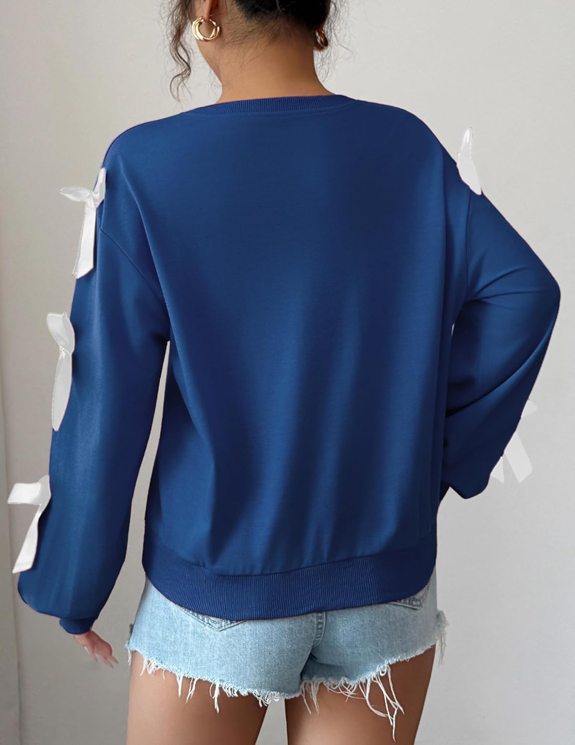 Womens Bow Lightweight Sweatshirt Oversized Crew Neck Comfy Long Sleeve Casual Loose Pullover Top Y2K Clothes - Image 5