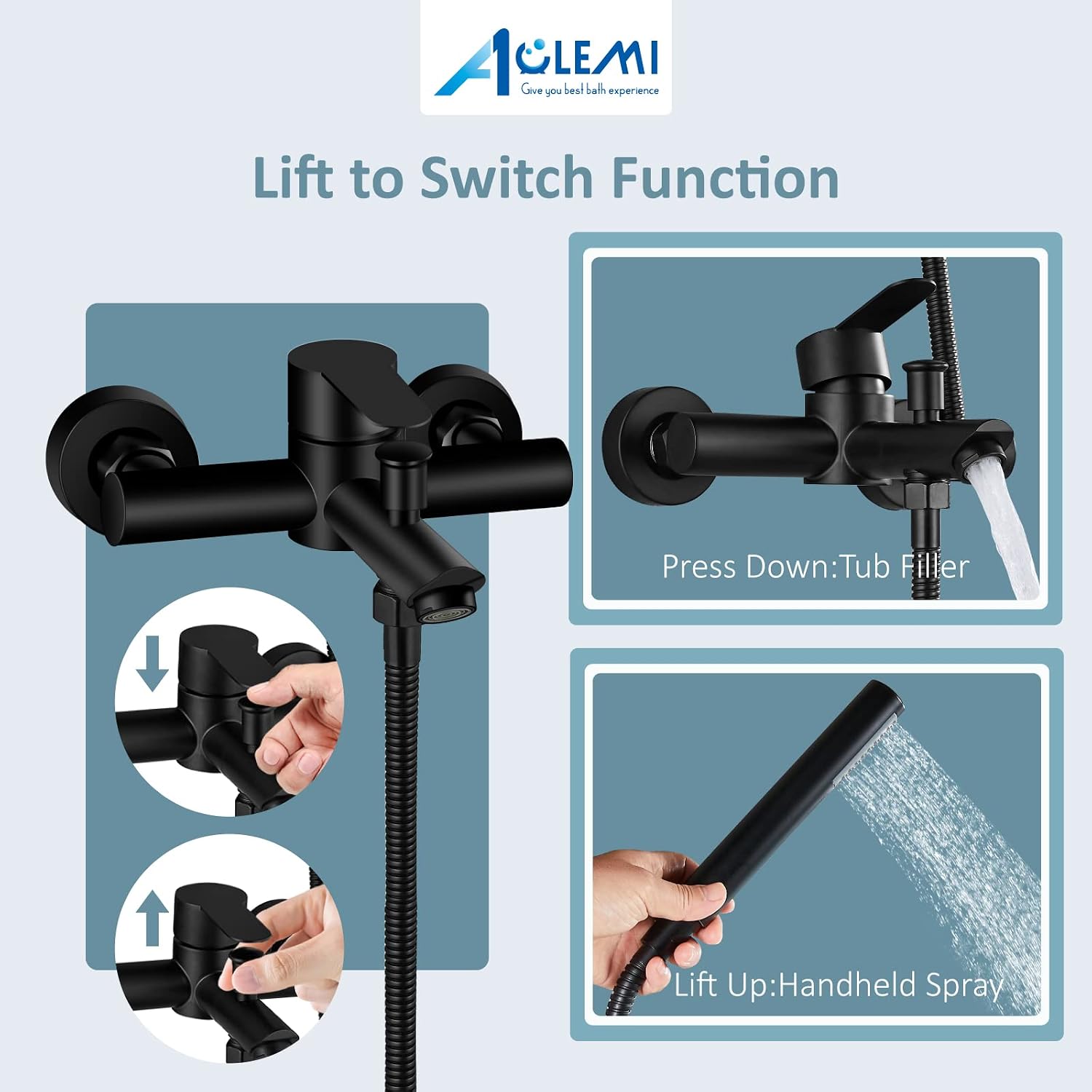 Aolemi Matte Black Wall Mount Bathtub Faucet with Handheld Shower Stainless Steel SUS304 Single Handle Shower Basin Mixer Taps 6 Inch Center Tub Filler for Bath