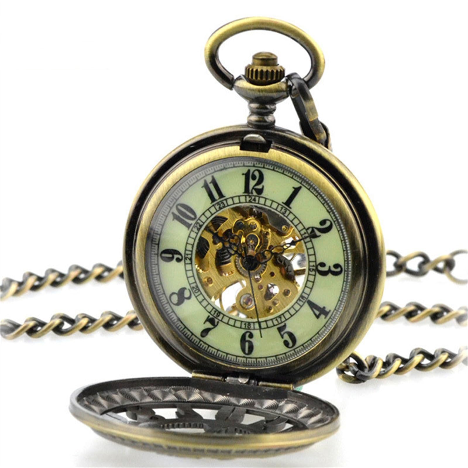 Reloj de Bolsillo de Bronce con Superficie Luminosa Calada, Estilo Retro mecánico, cumpleaños o Aniversario.