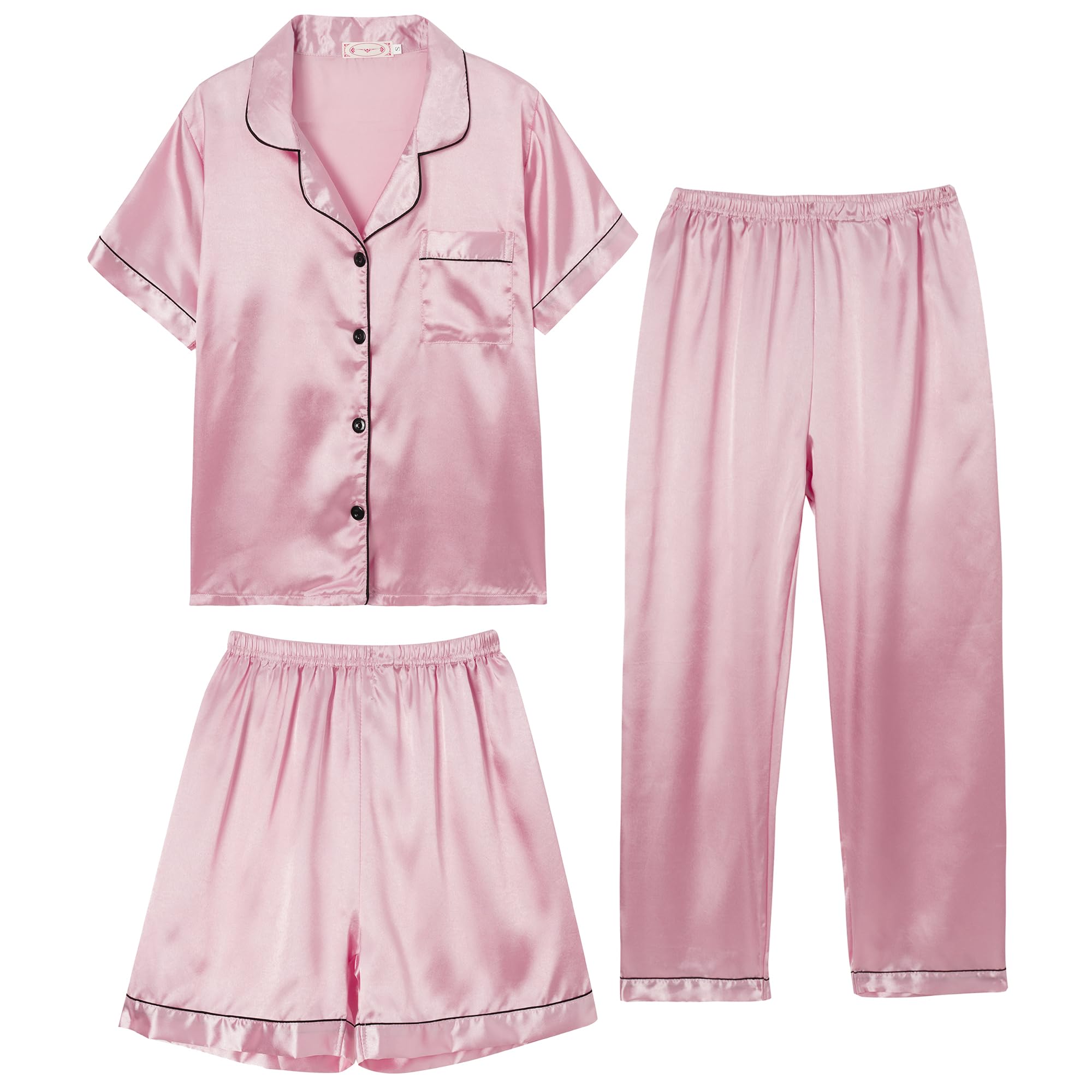 Hupohoi Unisex Girls Boys Kids Pajama Sets Button Down Satin Sleepwear Nighty 3PCS Silky Lounge Sets Nightwear
