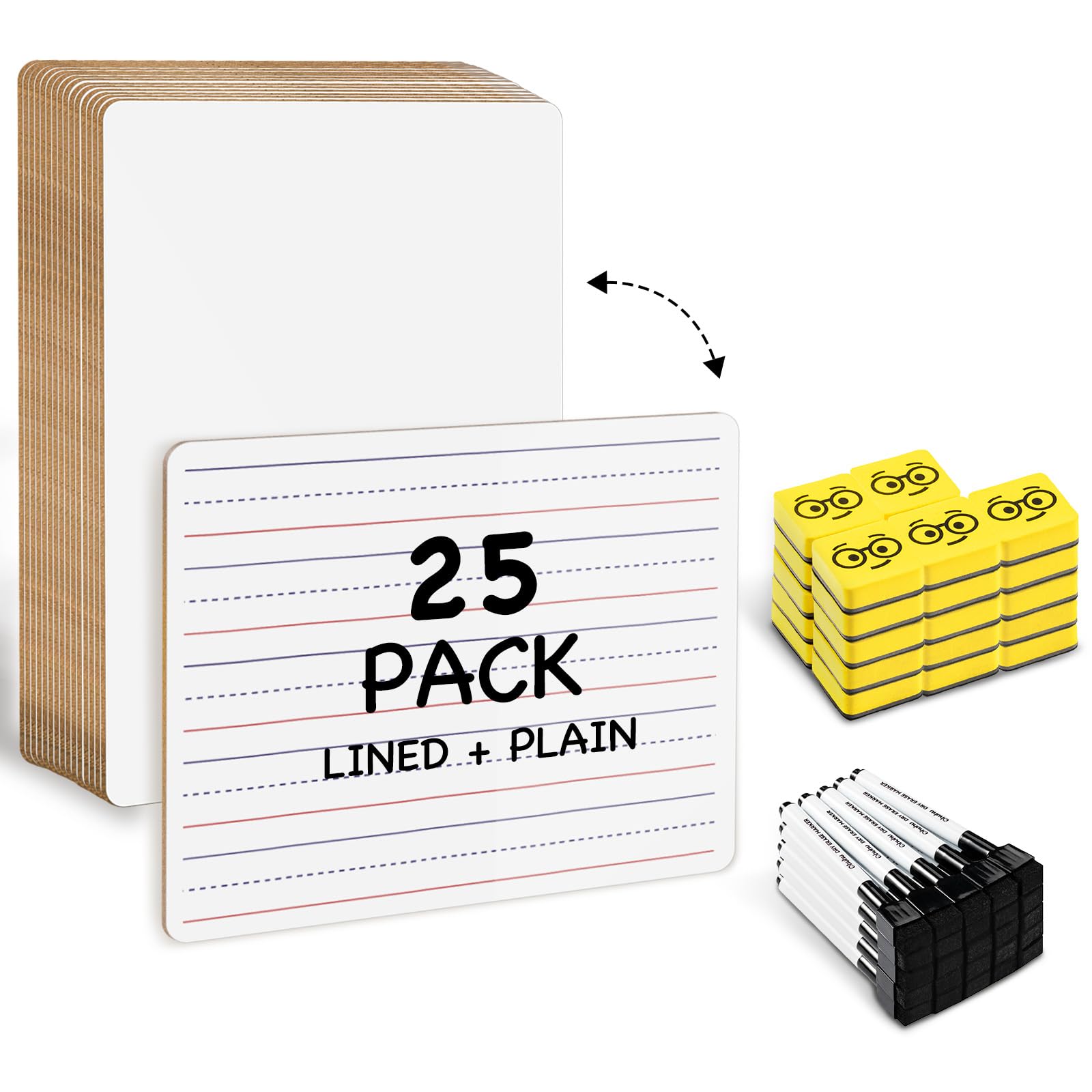 Ohuhu 25 Pack Lined/Plain Dry Erase Boards - 9"x12" Double-Sided White Board Class Set - Includes 25 Mini Whiteboards 25 Black Markers and 25 Erasers for Classroom School Office Students Teachers
