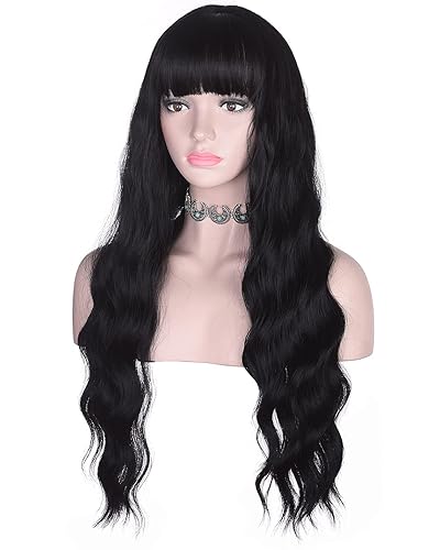 Miniatura 2 de AMZCOS Peluca larga ondulada negra con flequillo para mujer, resistente al calor, pelucas de cabello sintético para uso diario (negro)
