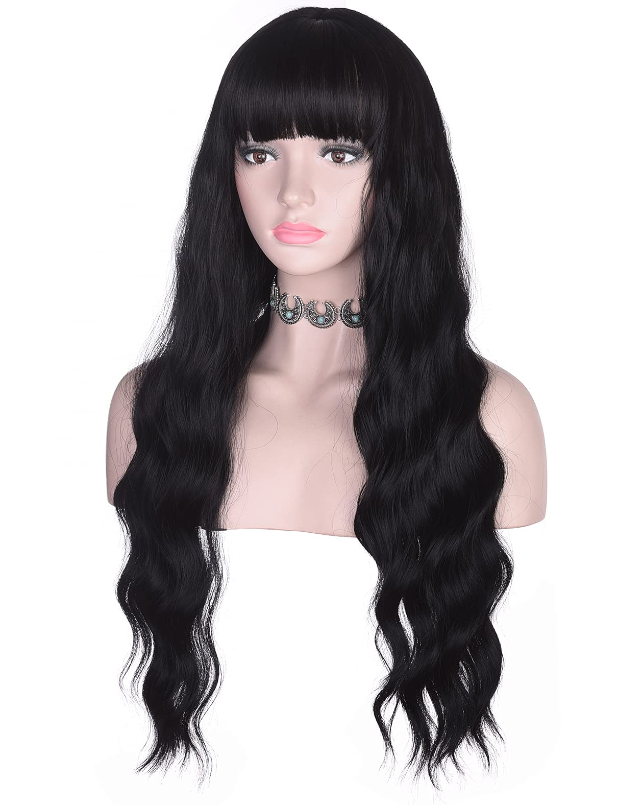 Amazon.com : AMZCOS Long Wavy Black Wig with Bangs for Women 